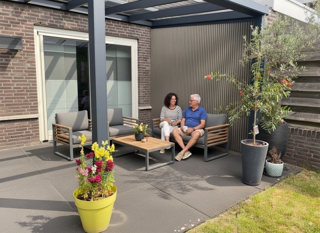 Patio cover with composite cladding in Sittard-Geleen and Limburg.