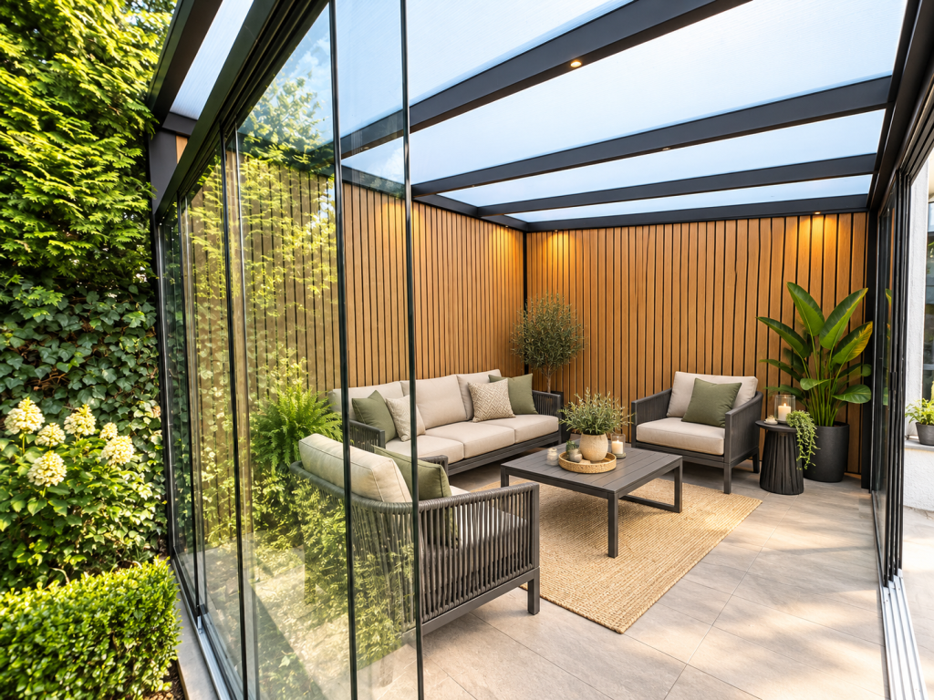 Luxe tuinkamer met glazen wanden, modern meubilair en houten bekleding voor een stijlvolle buitenbeleving.