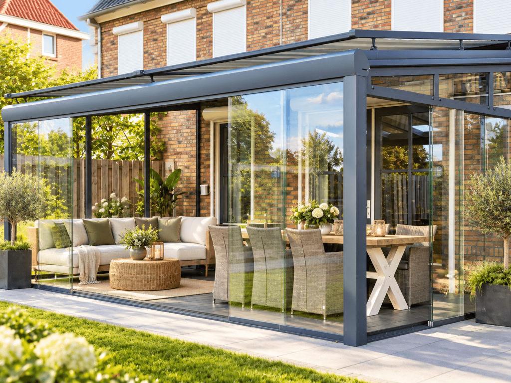 Luxe terrasoverkapping met glazen schuifwanden, loungeset en zonnige tuin.