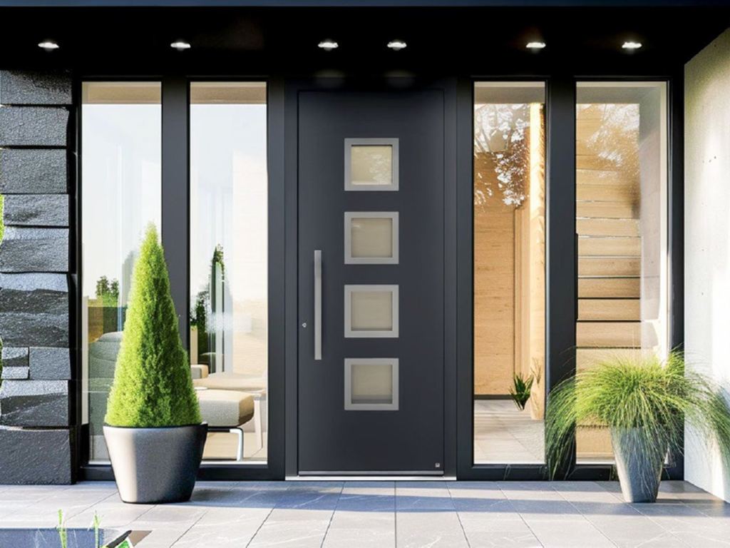 Aluminium-Haust&uuml;r mit vier Glasfeldern und dazu passenden Fenstern in Sittard-Geleen, Limburg.