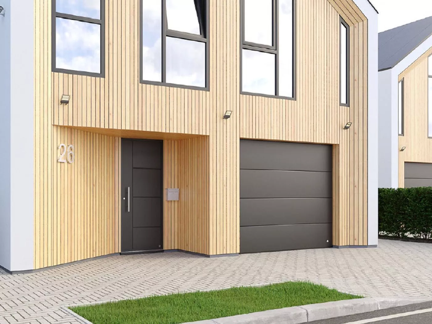 Aluminium-Haustür und Sektionaltor an einem Haus mit WPC-Verkleidung in Sittard-Geleen, Limburg