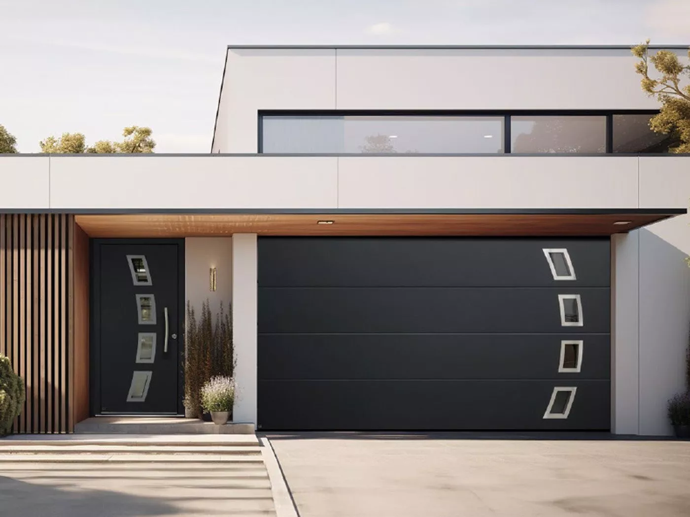 Schwarze Aluminium-Haustür und Sektionaltor mit Glaselementen in Sittard - Geleen Limburg