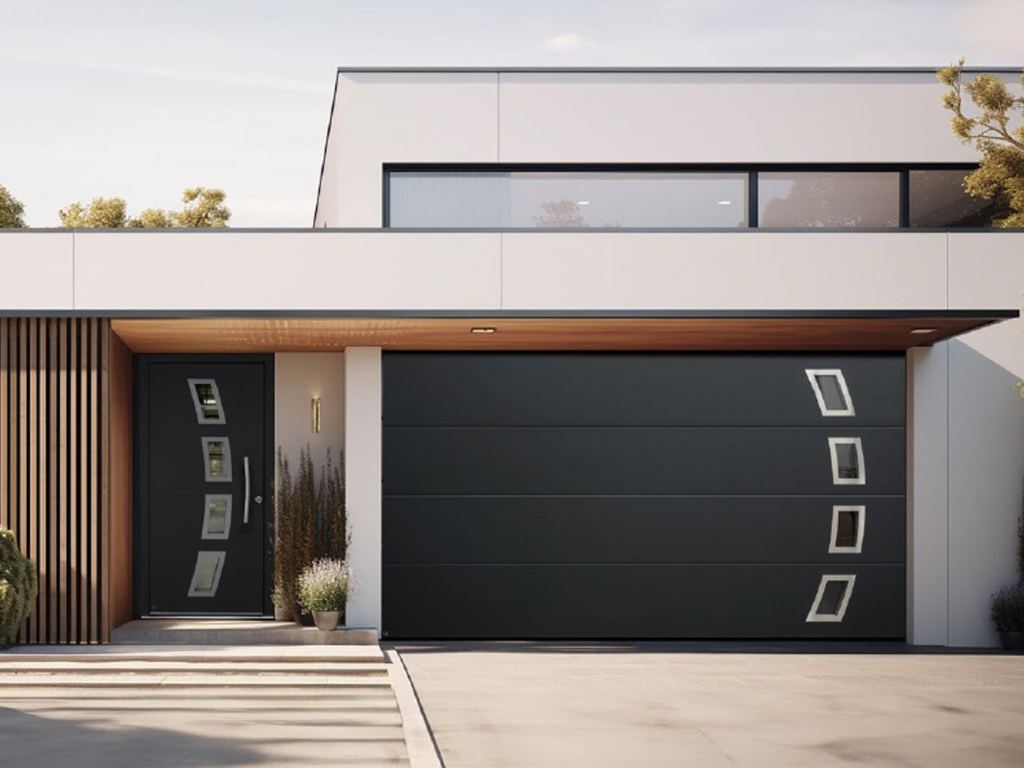 Schwarze Aluminium-Haust&uuml;r und Sektionaltor mit Glaselementen in Sittard - Geleen Limburg.