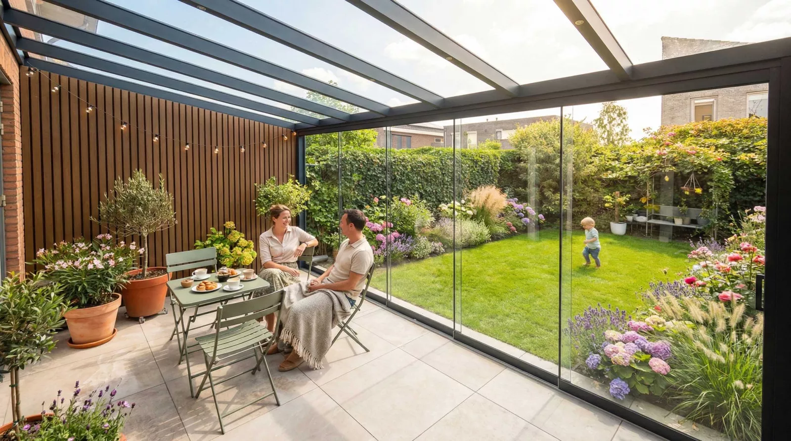 Modern aluminium patio cover with a glass roof and sliding glass walls beside an attractive garden