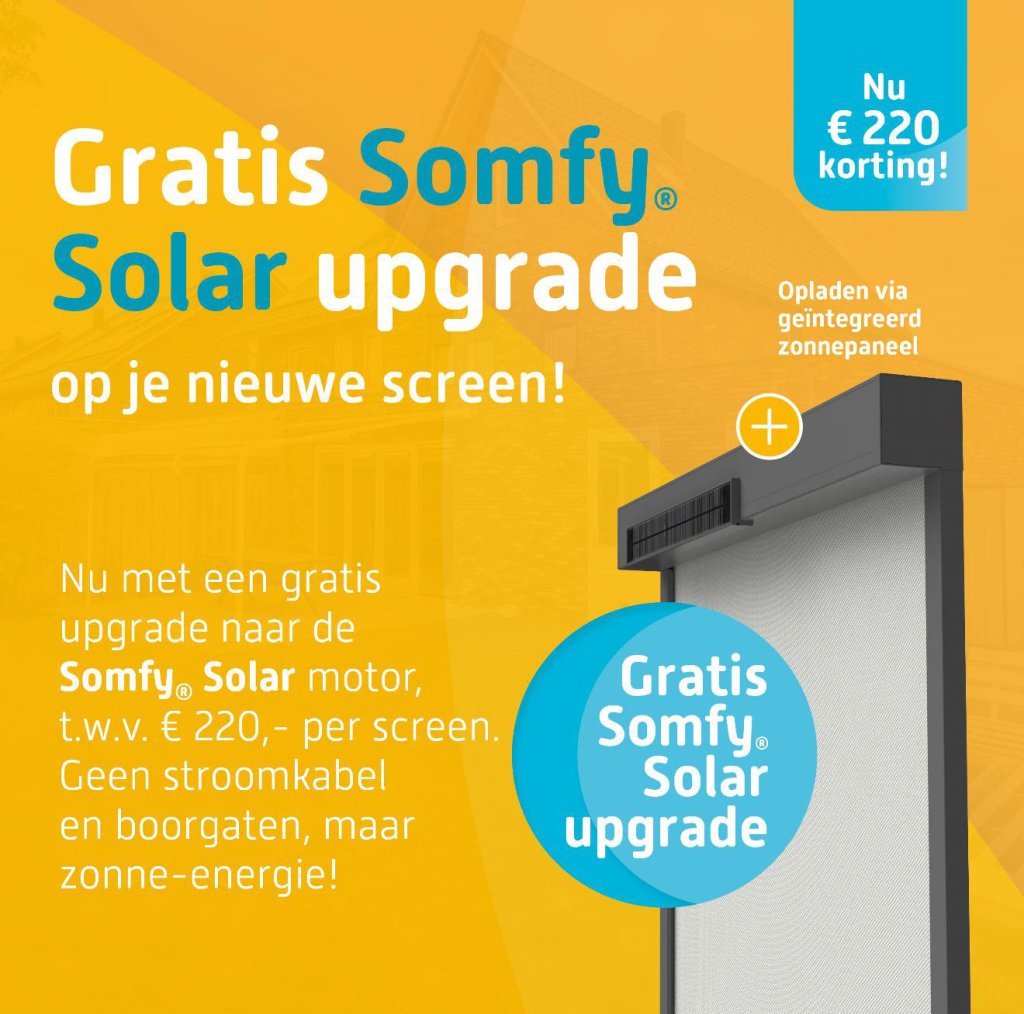 Solar Ritzscreen met gratis Somfy Solar upgrade voor zonne-energie, ideaal voor zonwering in uw woning of tuin.