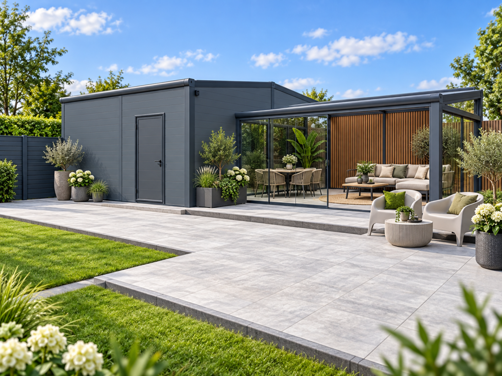 Moderne aluminium terrasoverkapping met glazen schuifwanden en composiet wandbekleding in een luxe tuin.