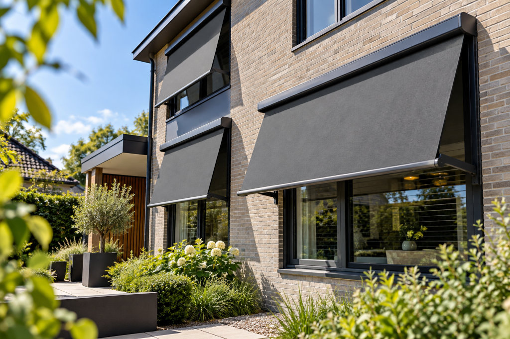 Moderne woning met antraciete buitenzonwering op maat.