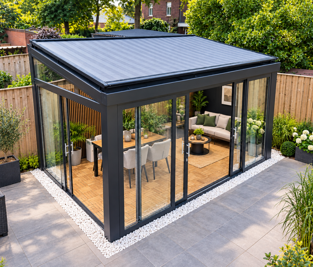 Vrijstaande aluminium terrasoverkapping met glazen schuifwanden en zonwering in moderne tuin.